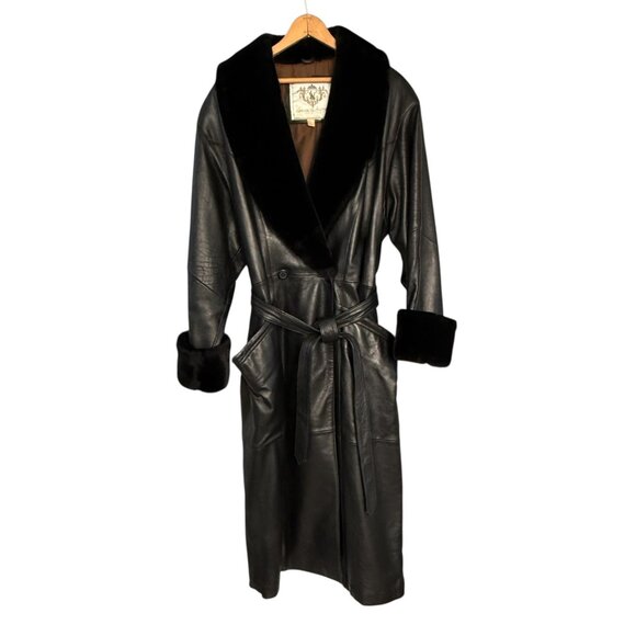 Vintage Laura Winston Size 16 Black Leather Trench Coat Faux Fur Trim EUC 90's - Picture 1 of 16